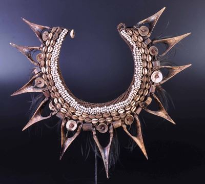 Collana pettorale delle popolazioni Dani, fibra vegetale, semi e conchiglie con becchi di Casuari...