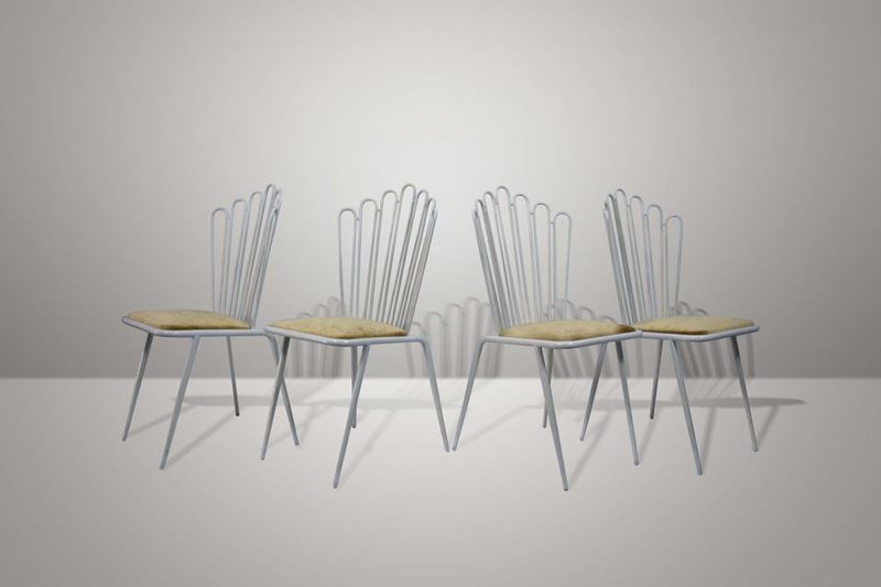 Quattro sedie in metallo laccato e rivestimento in velluto.  - Auction Design Lab - Cambi Casa d'Aste