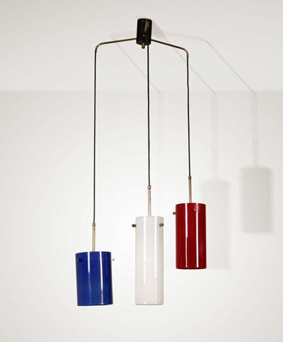 Lampada a Sospensione con Diffusori in Plexiglass, Particolari in Ottone e Metallo Laccato.