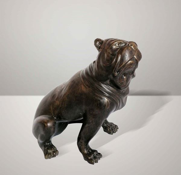 Scultura in fusione di bronzo a cera persa e finemente cesellata, raffigurante un cane bulldog.