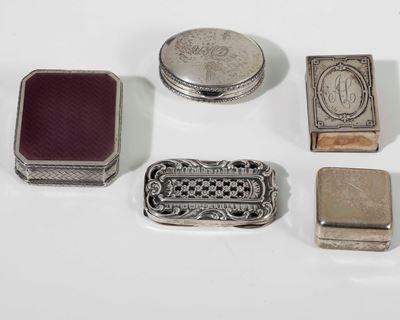 Quattro Scatoline in Argento di Cui una con Smalti e un Portafiammiferi. Varie Epoche e Manifattu...