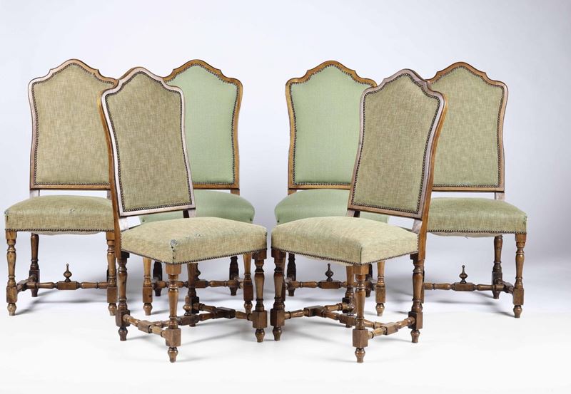 Sei sedie con gambe a rocchetto e schienale a scudo, rivestiti in tessuto verde  - Auction Antiques V - Cambi Casa d'Aste