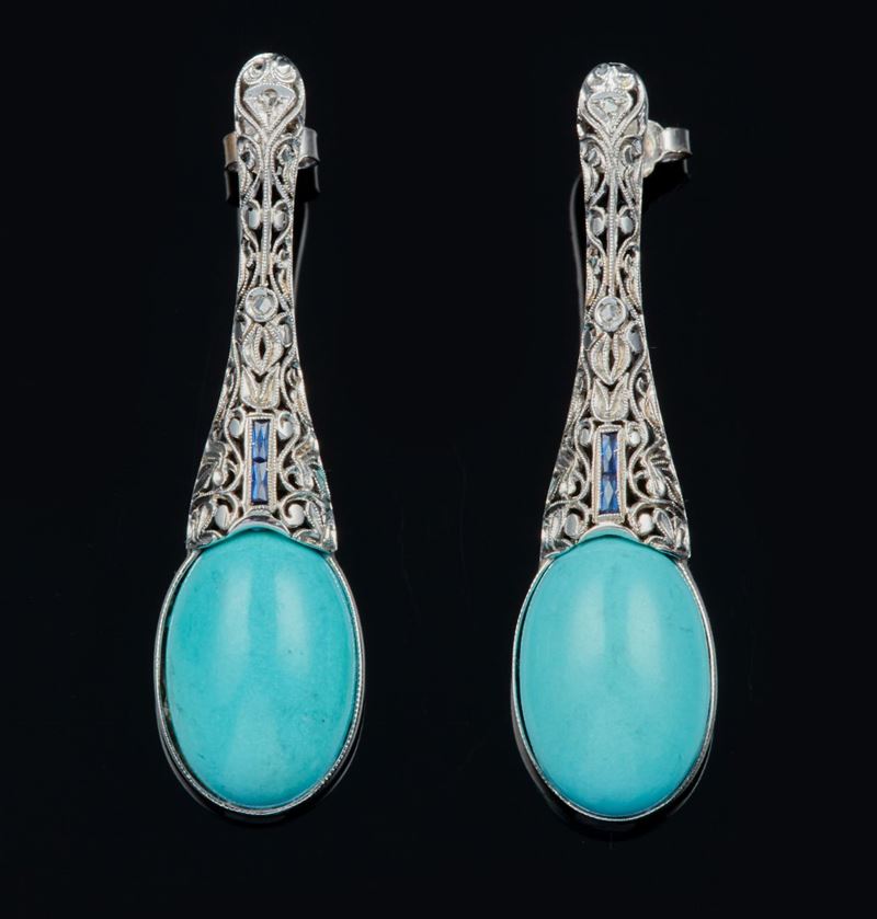 Orecchini pendenti con turchesi  - Auction Jewels and Corals | Time Auction - Cambi Casa d'Aste
