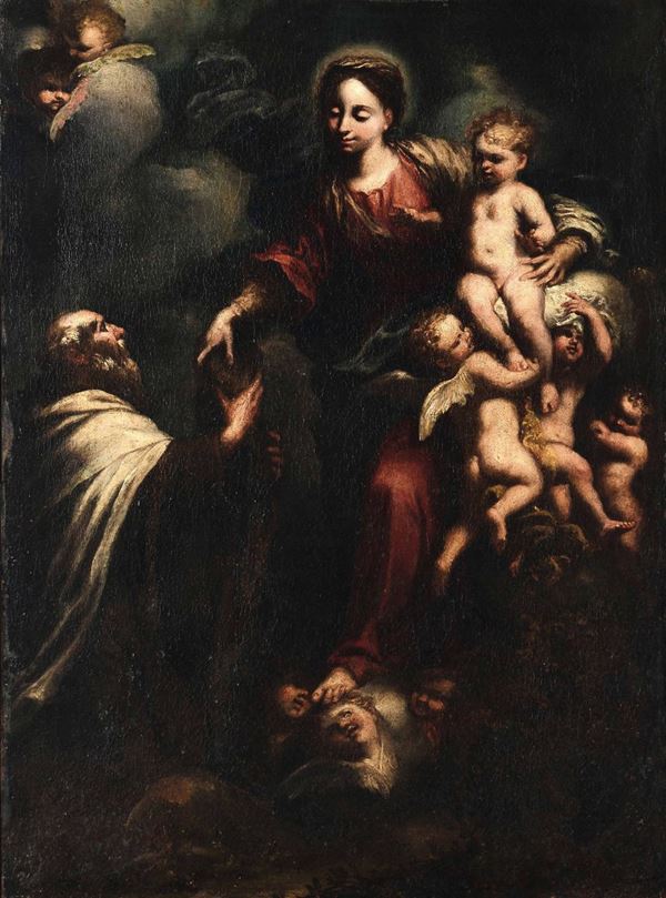 Scuola genovese del XVII secolo Madonna con Bambino, putti e figura di offerente