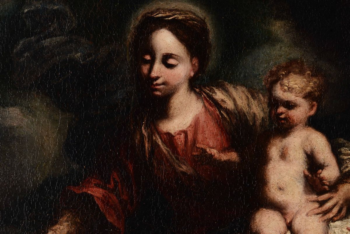 Scuola Genovese del XVII Secolomadonna con Bambino, Putti e Figura di Offerente