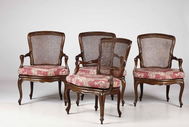 Quattro poltrone in noce e cannetè, XVIII-XIX secolo  - Auction Antiques January | Time Auction - Cambi Casa d'Aste