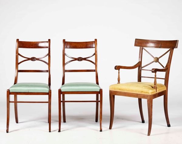 Poltroncina e due sedie Carlo X, XIX secolo