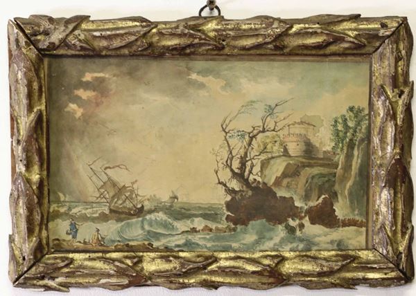 Piccolo acquerello raffigurante scena costiera, in cornice
