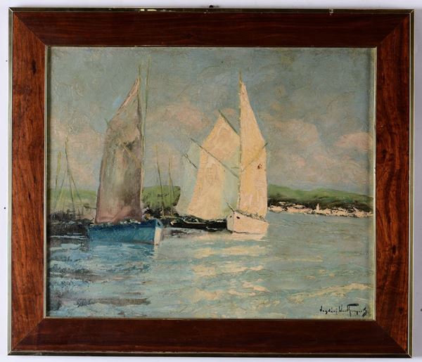 Dipinto Marina con barche a vela, firmato in basso a destra