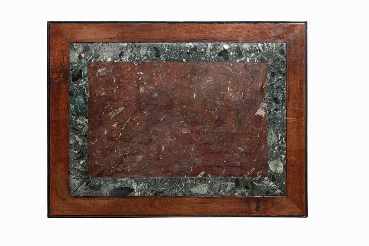 Due Tavolini Luigi XIV in Legno di Noce con Piani in Marmo Policromo, Probabile XVIII Secolo