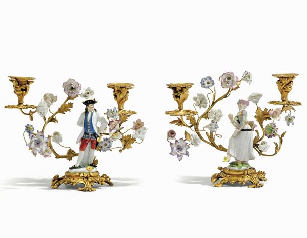 Coppia di candelabri da tavola Meissen, verso il 1745-1750 (figurine)
