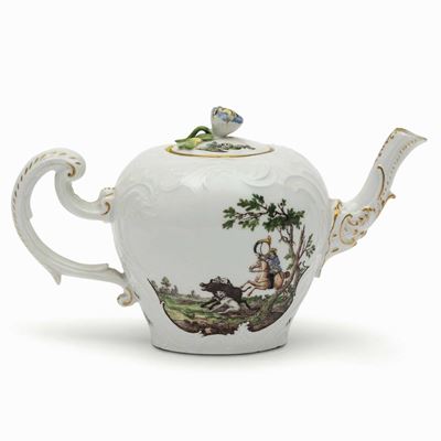 Teiera Meissen, 1750-1760 Circa Probabile Pittura di Christian Friedrich Kühnel (1719-1792)