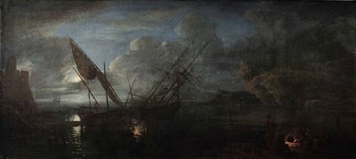 Claude Joseph Vernet (avignone 1714 - Parigi 1789), Seguace Diveduta Notturna con Figure e Imbarc...
