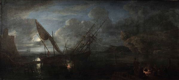 Claude Joseph Vernet (Avignone 1714 - Parigi 1789), seguace di Veduta notturna con figure e imbarcazioni