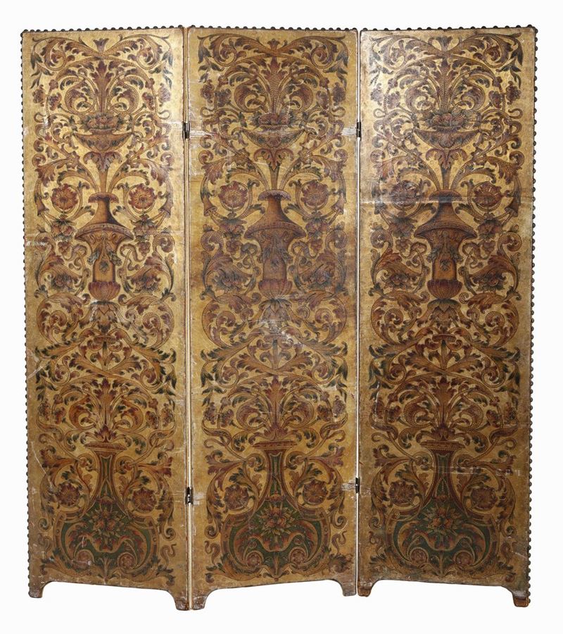 Tre pannelli in cuoio dorato, dipinto ed impresso, arte del XVII-XVIII secolo  - Auction Important Sculptures, Furnitures and Works of Art - Cambi Casa d'Aste