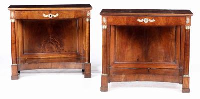 Coppia di consoles Impero lastronate, XIX secolo, dimensioni 120x56x95 cm