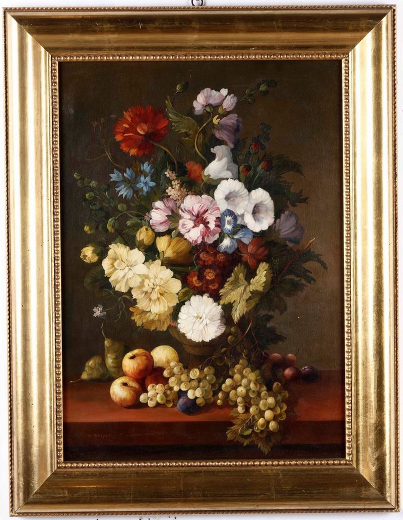 H. Bossier (XX secolo) Natura morta con fiori e frutta  - Asta Dipinti Antichi e del XIX secolo | Asta a Tempo - Cambi Casa d'Aste