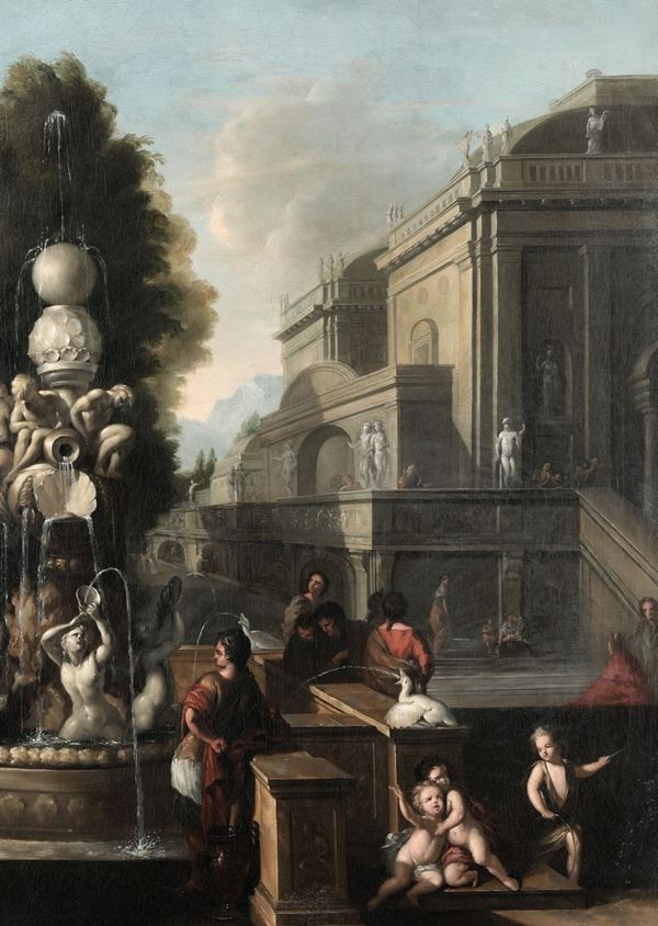 Scuola dell'Italia centrale del XVIII secolo Paesaggio con fontana e putti