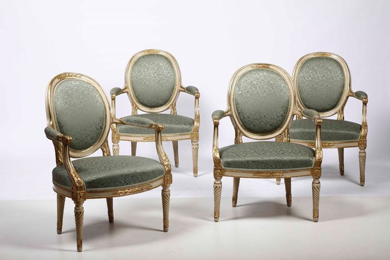 Quattro poltrone in legno intagliato, dipinto e dorato in stile Luigi XVI  - Auction Furniture | Cambi Time - Cambi Casa d'Aste
