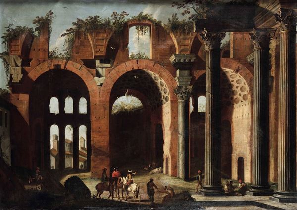 Niccolò Codazzi (Napoli 1642- Genova 1693), cerchia di Scorcio architettonico con rovine classiche e personaggi a cavallo