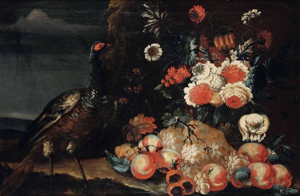 Scuola emiliana del XVIII secolo Nature morte con fiori, tacchino e pavone
