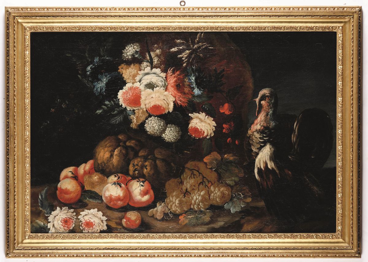 Scuola Emiliana del XVIII Secolonature Morte con Fiori, Tacchino e Pavone
