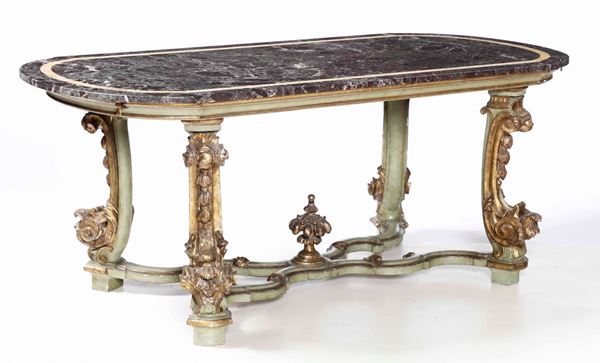 Tavolo in legno intagliato, dipinto e dorato con piano in marmo, XIX secolo