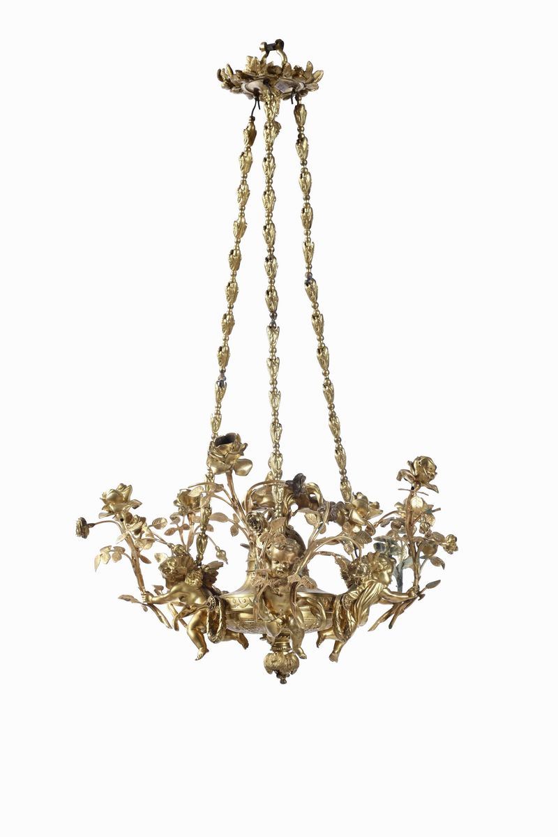 Piccolo lampadario in bronzo dorato, XIX-XX secolo  - Asta Importanti Sculture, Arredi e Oggetti d'Arte - Cambi Casa d'Aste