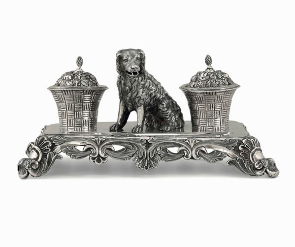 A silver inkstand with dog, Rome, 1800s