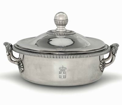 Paiola in Argento Fuso, Sbalzato e Cesellato. Torino XIX Secolo, Marchio di Titolo con Testa di T...