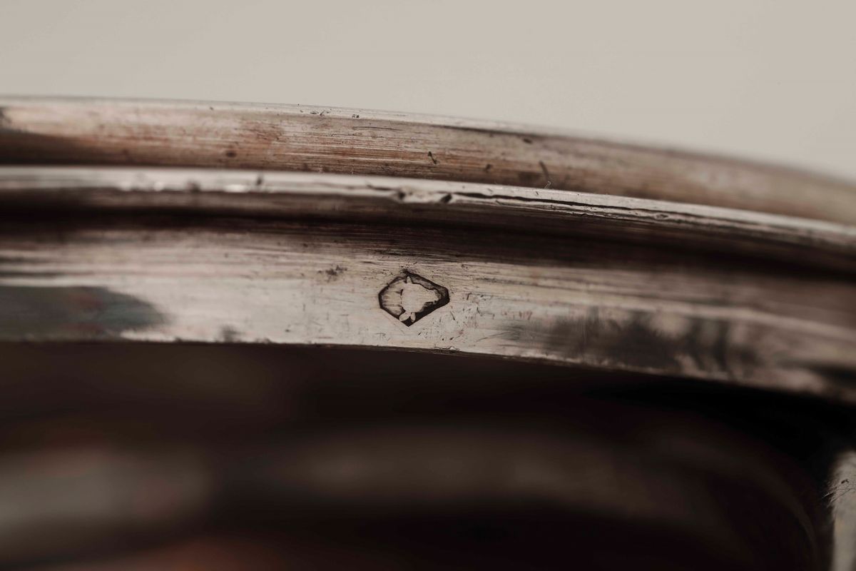 Paiola in Argento Fuso, Sbalzato e Cesellato. Torino XIX Secolo, Marchio di Titolo con Testa di T...
