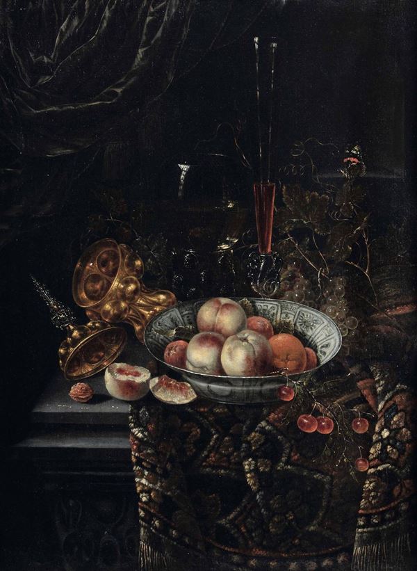 Karel Batist (attivo tra il 1659 e il 1663) Natura morta con frutti e drappi