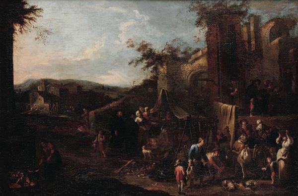 Pietro Domenico Olivero (Torino 1672-1754/55) Scena con popolani e rovine sullo sfondo