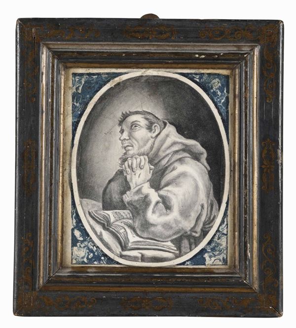 Santo in preghiera. Scagliola policroma. Italia centrale XVIII secolo
