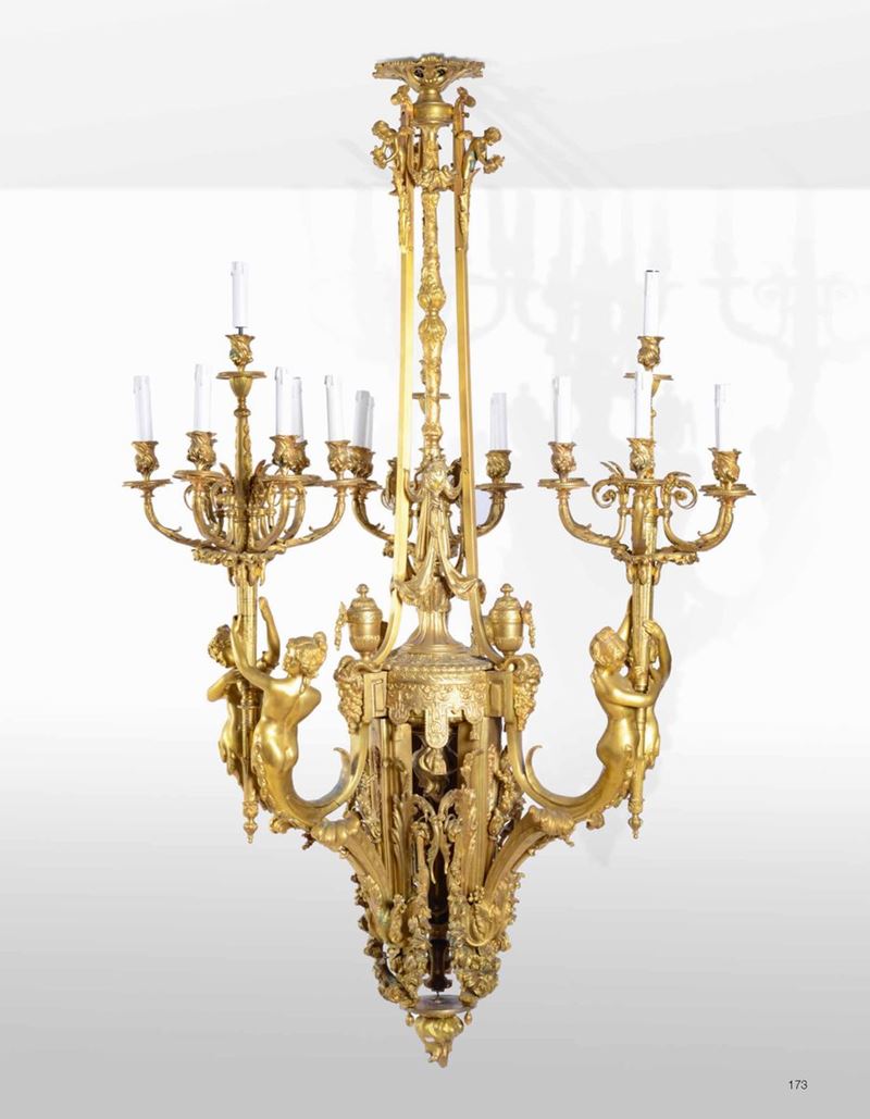 Monumentale lampadario in bronzo dorato, XX secolo  - Asta Importanti Sculture, Arredi e Oggetti d'Arte - Cambi Casa d'Aste