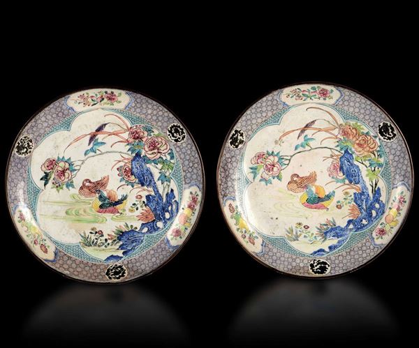 Coppia di piatti in smalto con raffigurazioni di anatre nello stagno e decori floreale entro riserve, Cina, Dinastia Qing, epoca Yongzheng (1723-1735)