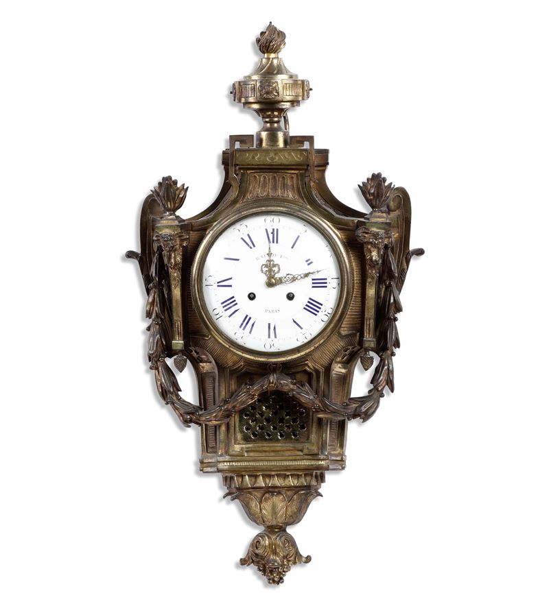 Pendola da parete in metallo dorato, Raingo Freres a Paris, Francia XIX secolo  - Asta Pendole e orologi  - Cambi Casa d'Aste