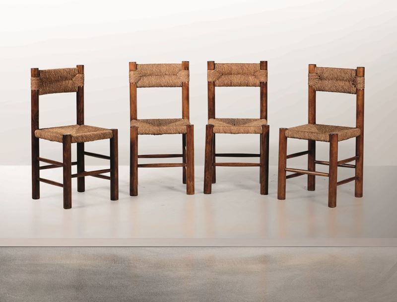 Quattro sedie con struttura in legno e rivestimento in corda intrecciata.  - Auction Design Lab - Cambi Casa d'Aste
