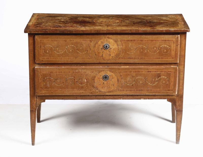 Comò a due cassetti in legno intarsiato, XIX secolo  - Auction Antiques Selected | Time - Cambi Casa d'Aste