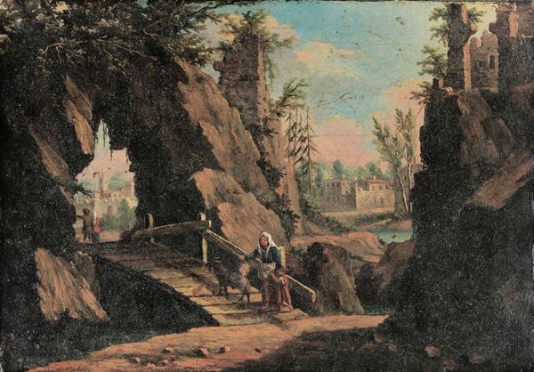 Antonio Diziani (Venezia 1737-1797), attribuito a Paesaggio con ponte e pastori