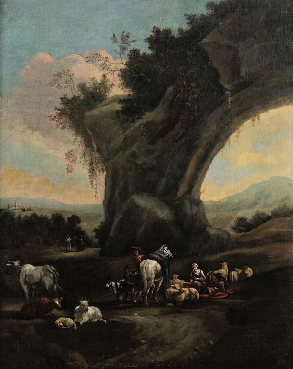 Scuola fiamminga del XVII secolo Paesaggi con pastori e armenti