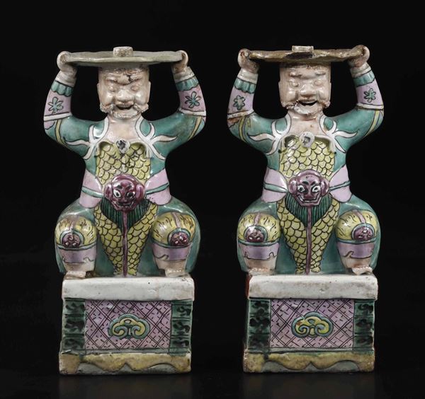 Two porcelain candle holders, China, Qing Dynasty