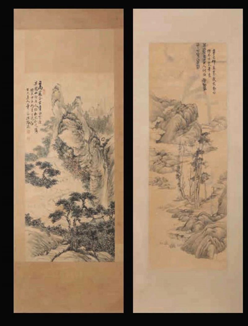 Due dipinti su carta raffiguranti paesaggi montani con iscrizioni, Cina, Dinastia Qing, XIX secolo  - Asta Fine Chinese Works of Art - Cambi Casa d'Aste