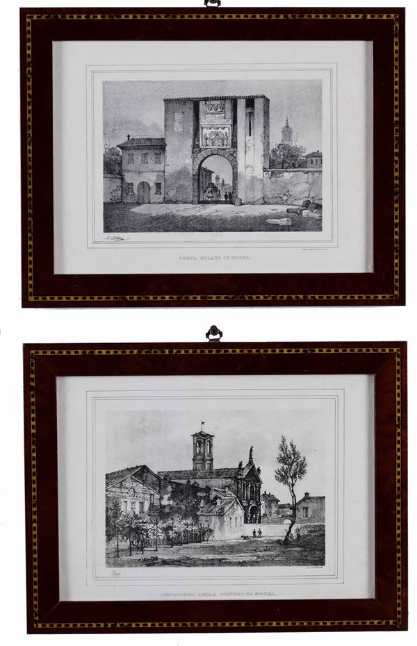 Coppia di stampe "Il Monastero della Signora di Monza" e "Porta Milano in Monza", XIX secolo Monza - Coppia di stampe decorative entro cornice