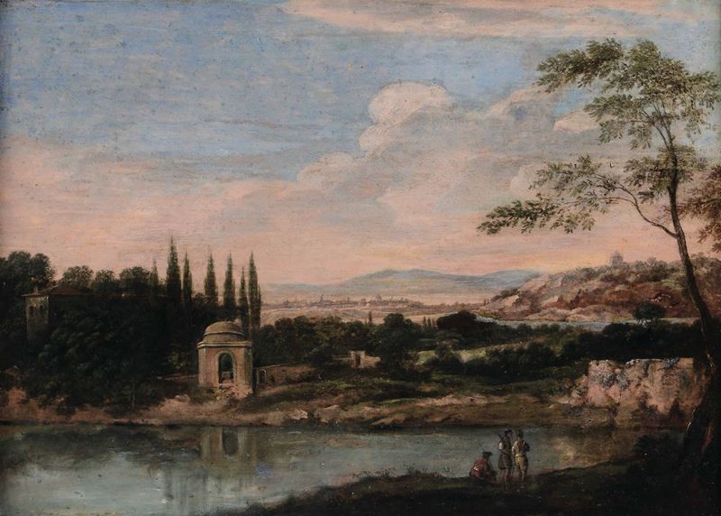 Scuola romana del XVIII secolo Veduta sul Tevere  - Asta Dipinti Antichi | Asta a Tempo - Cambi Casa d'Aste
