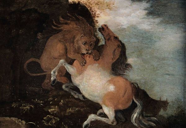 Roelant Savery (Courtrai 1576 - Utrecht 1639) Leone che attacca un cavallo