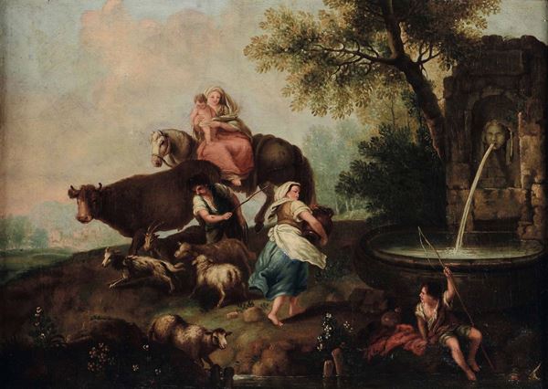 Francesco Zuccarelli (Pitigliano 1702 - Firenze 1788), ambito di Donne alla fonte con pastore e armenti