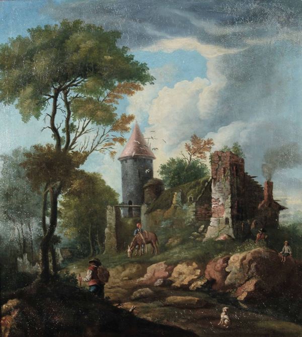 Artista del nord Europa della fine del XVIII secolo Paesaggio notturno con viandante e architetture sullo sfondo