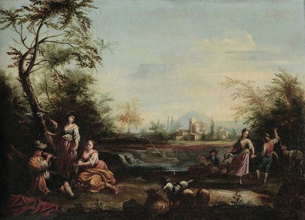 Scuola veneta del XVIII secolo Paesaggi con scene popolari