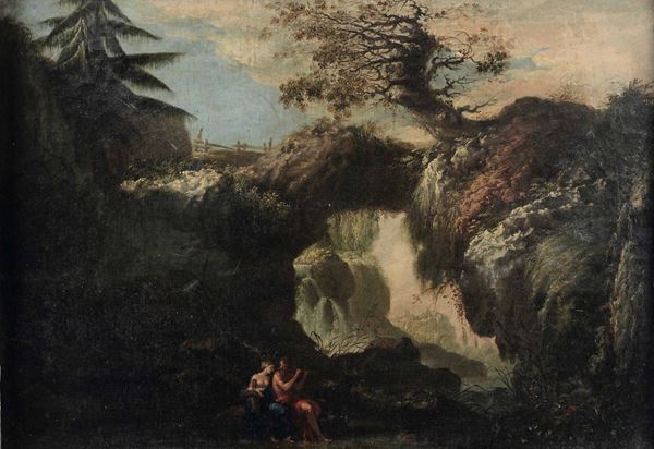 Scuola romana del XVIII secolo Scena galante entro paesaggio